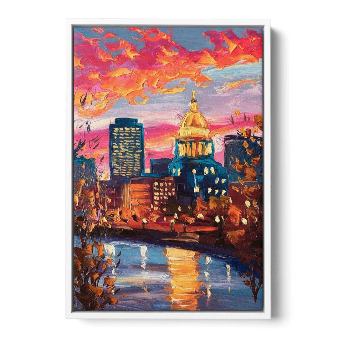Des Moines Evening Lights Front - White Canvas Wall Art