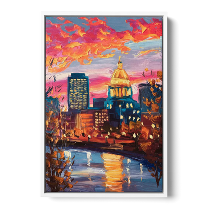 Des Moines Evening Lights Front - White Canvas Wall Art