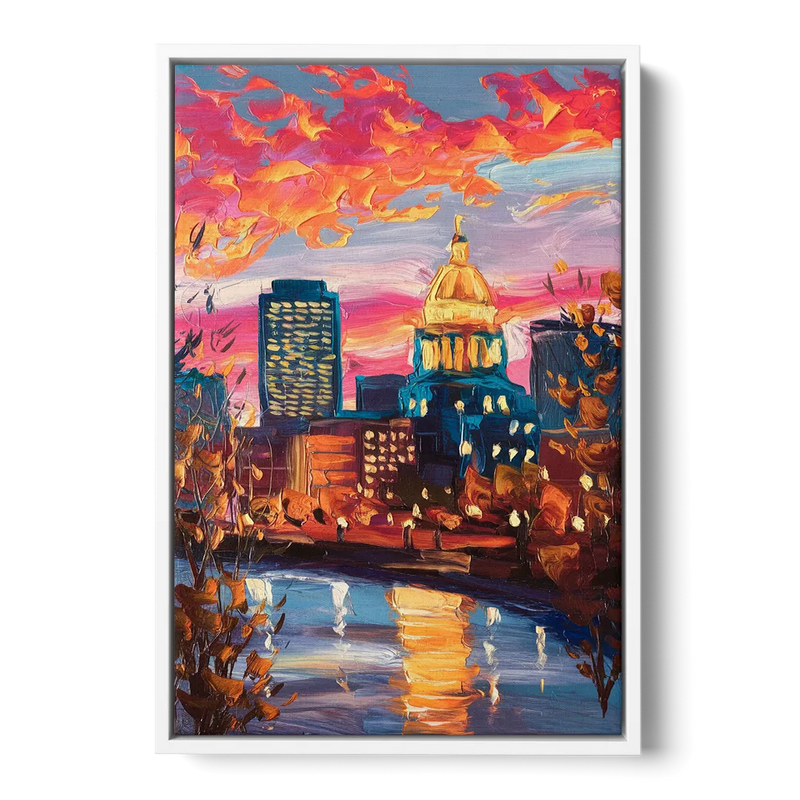 Des Moines Evening Lights Front - White Canvas Wall Art