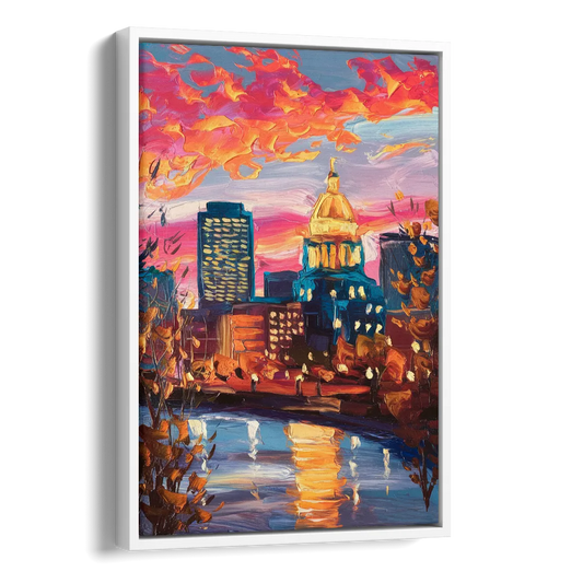 Des Moines Evening Lights Side - White Canvas Wall Art