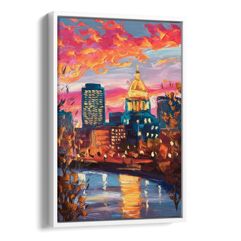 Des Moines Evening Lights Side - White Canvas Wall Art