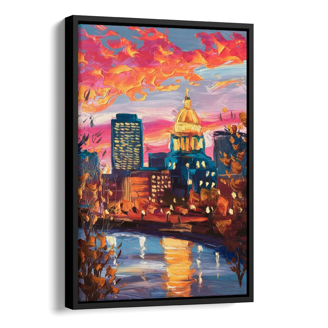 Des Moines Evening Lights Side - Black Canvas Wall Art