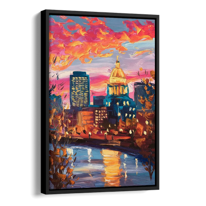 Des Moines Evening Lights Side - Black Canvas Wall Art