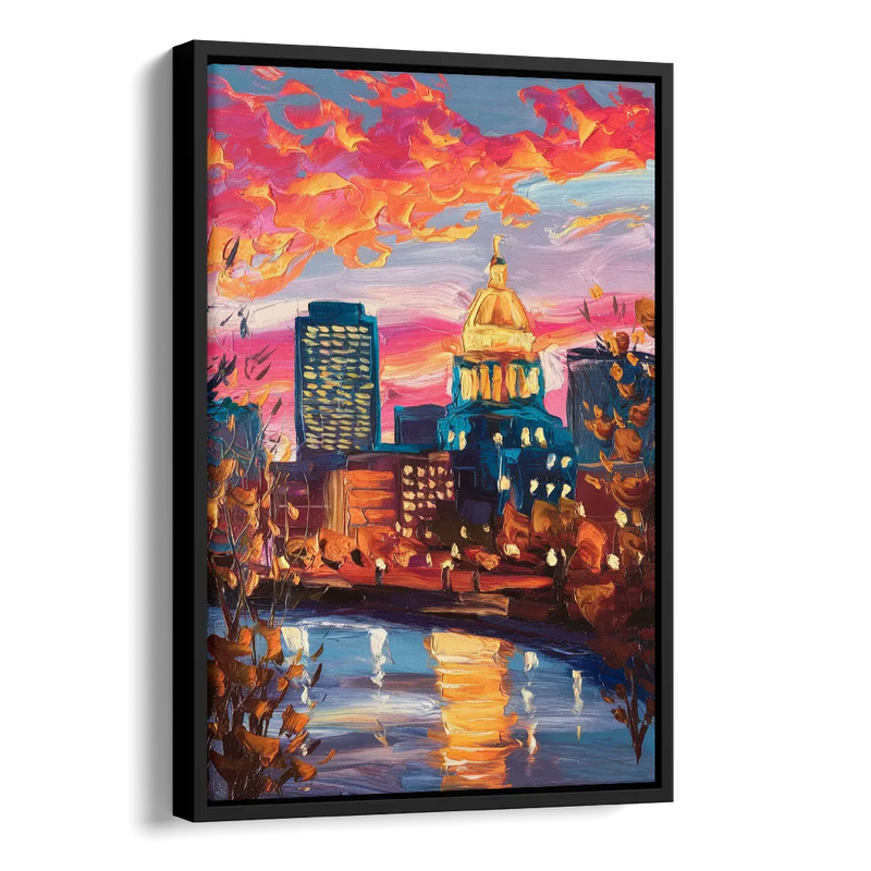 Des Moines Evening Lights Side - Black Canvas Wall Art