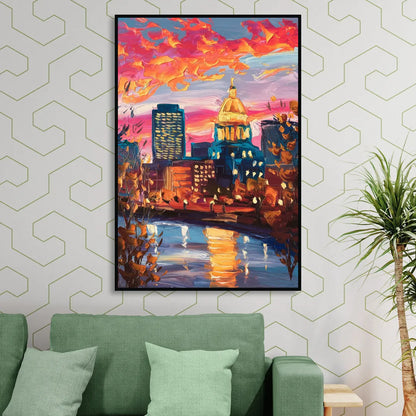 Des Moines Evening Lights Sitting Room - Black Canvas Wall Art