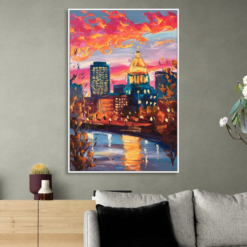 Des Moines Evening Lights Sitting Room - White Canvas Wall Art