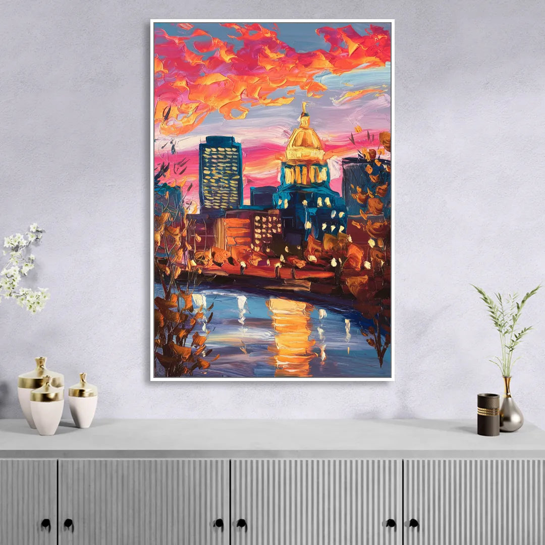 Des Moines Evening Lights Living Room - White Canvas Wall Art