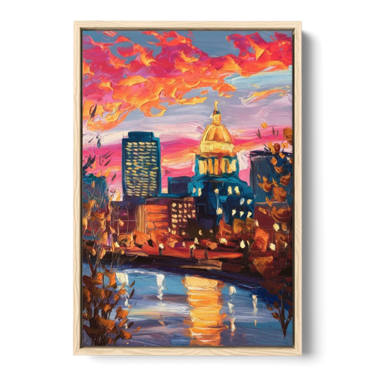 Des Moines Evening Lights - Oak Framed Canvas Wall Art - Front