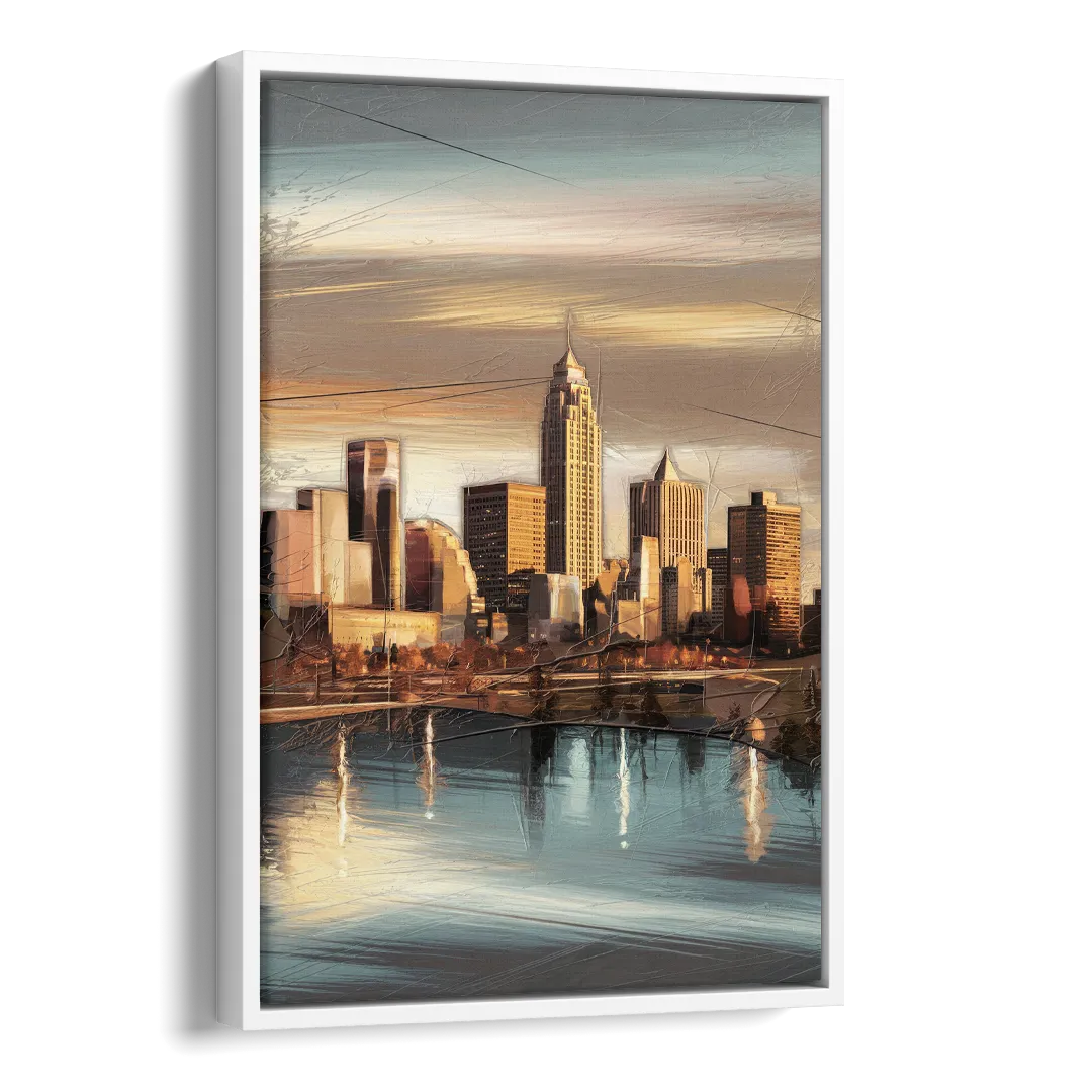 Des Moines Skyline Panorama Side - White Canvas Wall Art