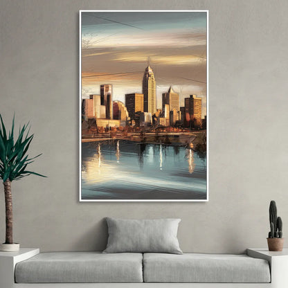 Des Moines Skyline Panorama Living Room - White Canvas Wall Art