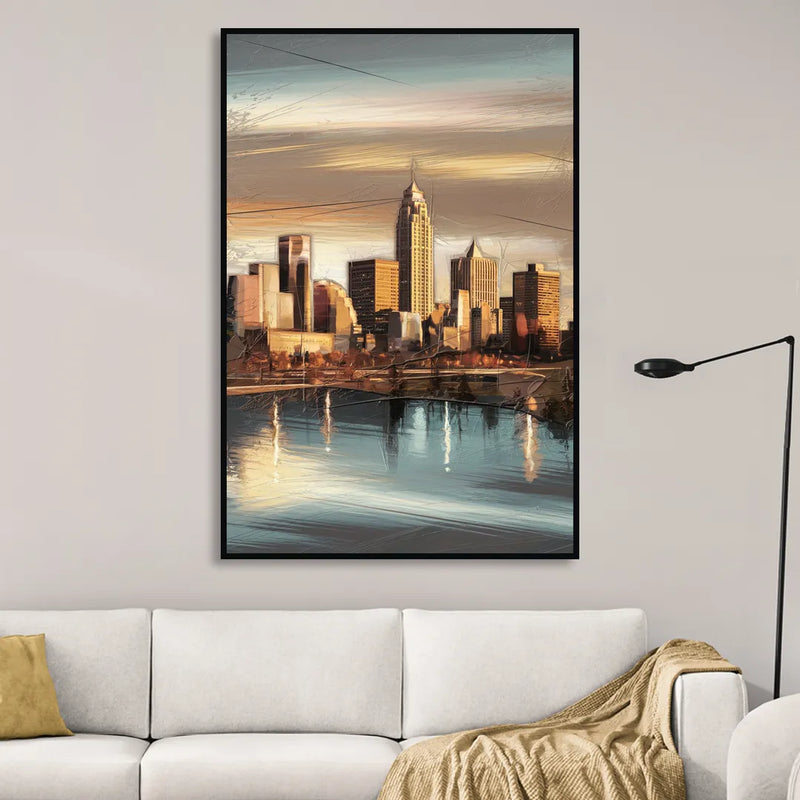 Des Moines Skyline Panorama Living Room - Black Canvas Wall Art