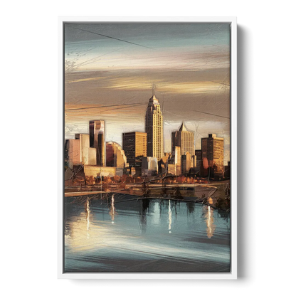Des Moines Skyline Panorama Front - White Canvas Wall Art