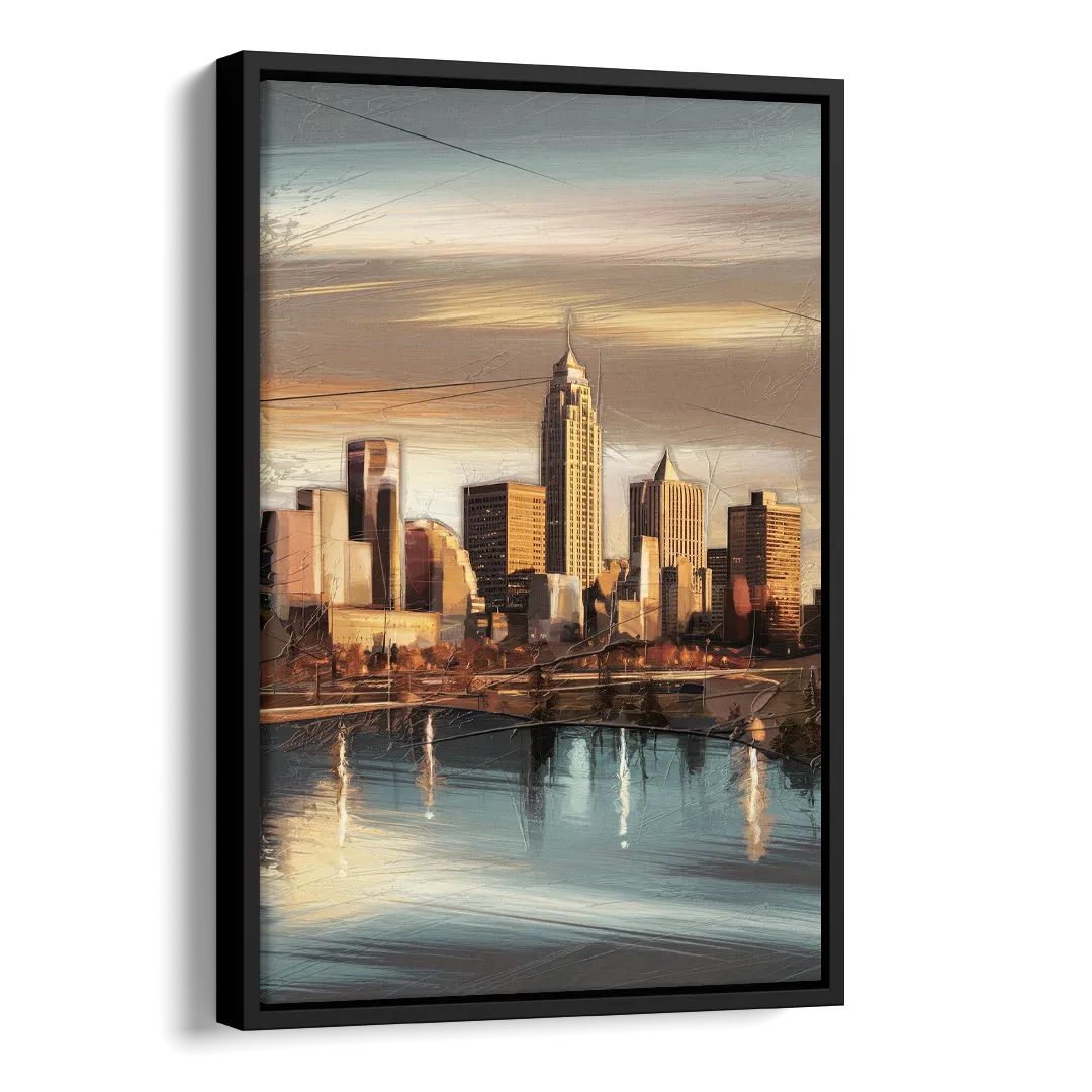 Des Moines Skyline Panorama Side - Black Canvas Wall Art