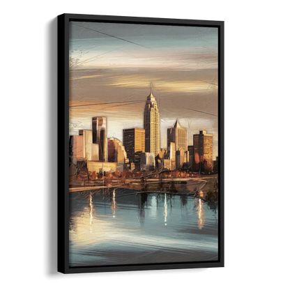 Des Moines Skyline Panorama Side - Black Canvas Wall Art