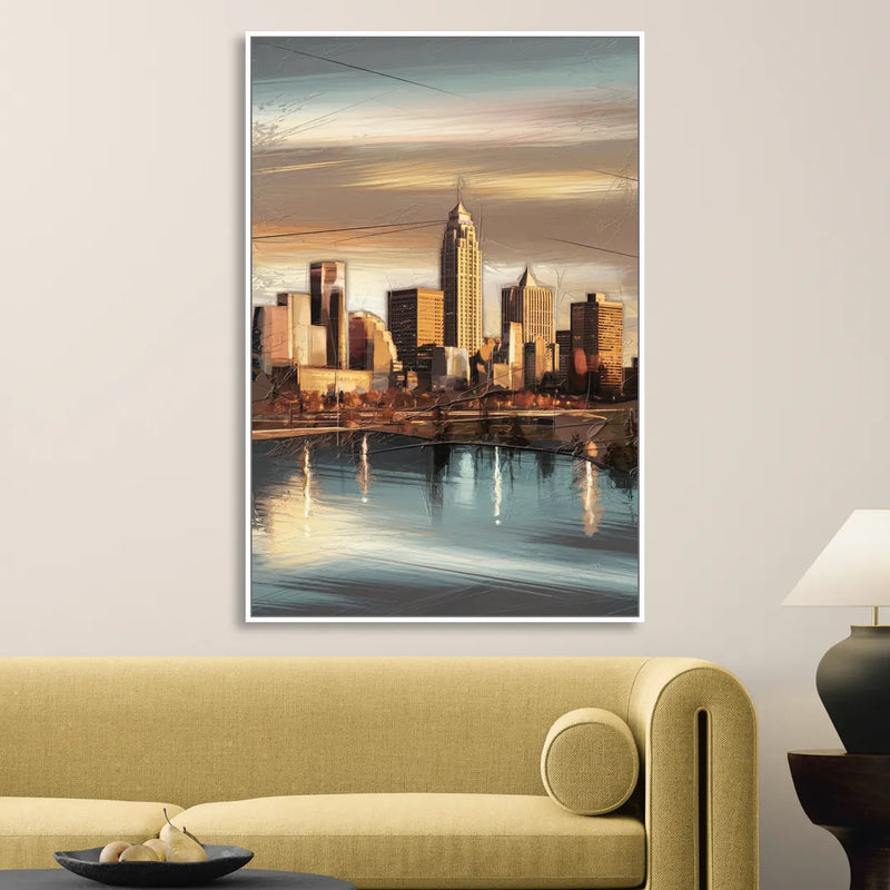 Des Moines Skyline Panorama Sitting Room - White Canvas Wall Art