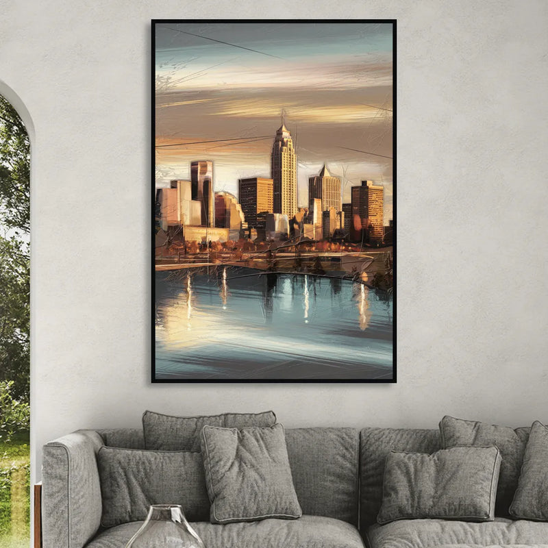 Des Moines Skyline Panorama Sitting Room - Black Canvas Wall Art