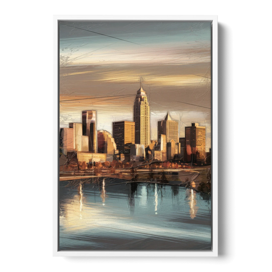 Des Moines Skyline Panorama - White Framed Canvas Wall Art - Front