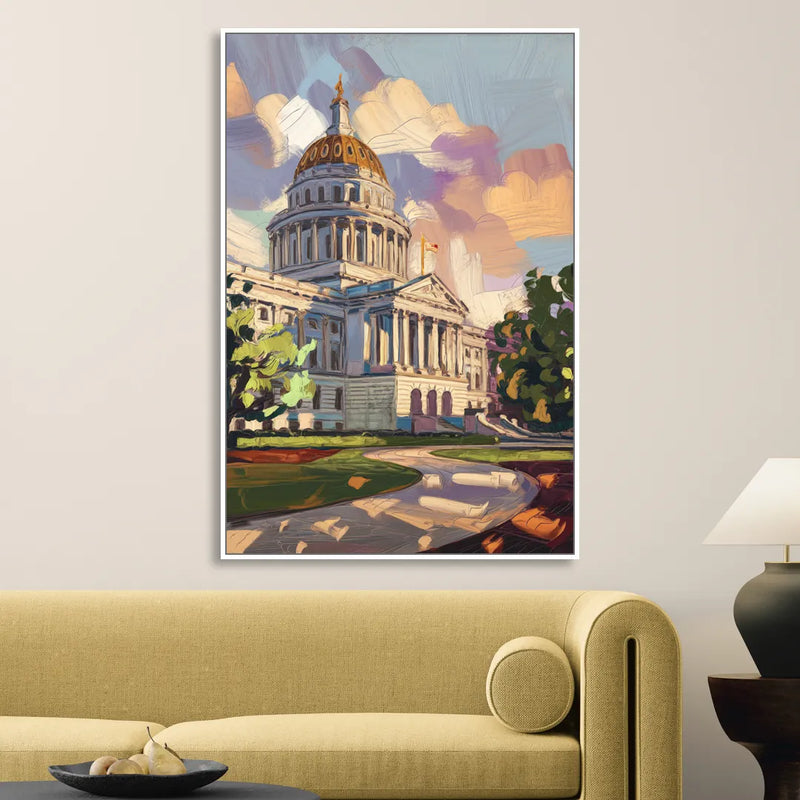 Des Moines State Capitol Living Room - White Canvas Wall Art
