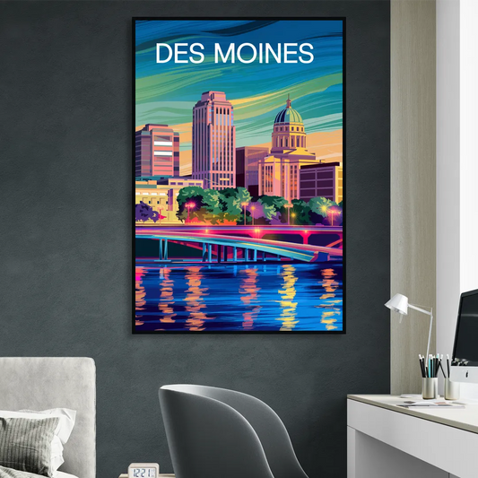Des Moines Vibrant Cityscape Living Room - Black Canvas Wall Art