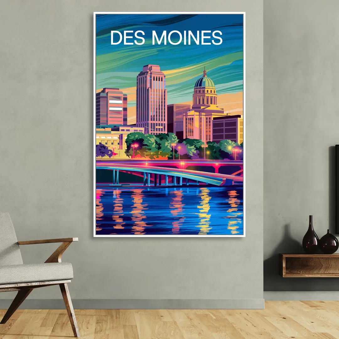 Des Moines Vibrant Cityscape Living Room - White Canvas Wall Art