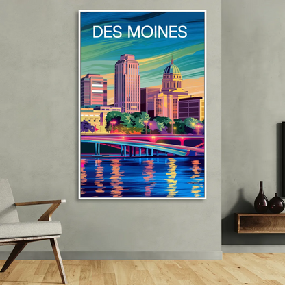 Des Moines Vibrant Cityscape Living Room - White Canvas Wall Art