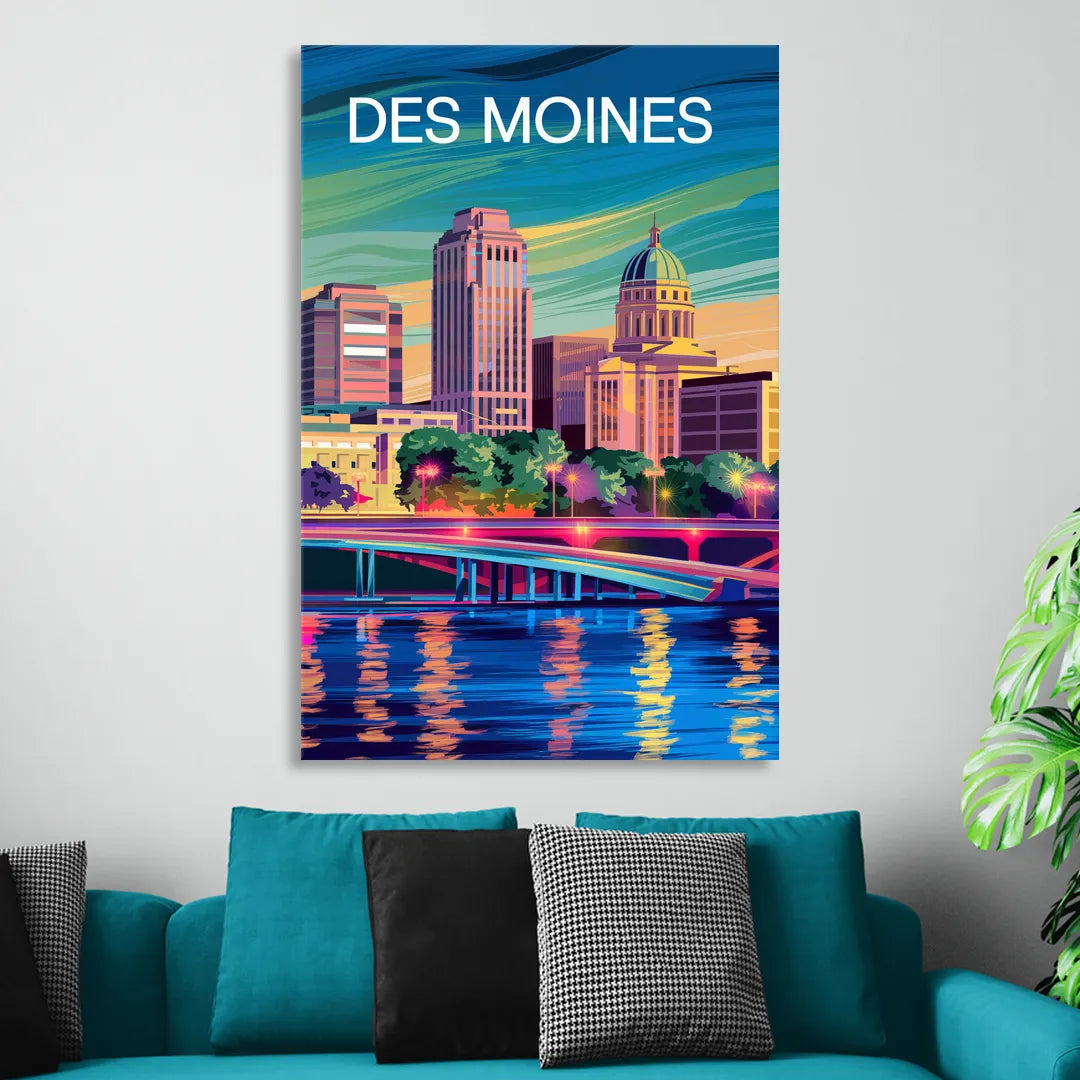 Des Moines Vibrant Cityscape Sitting Room - Canvas Wall Art