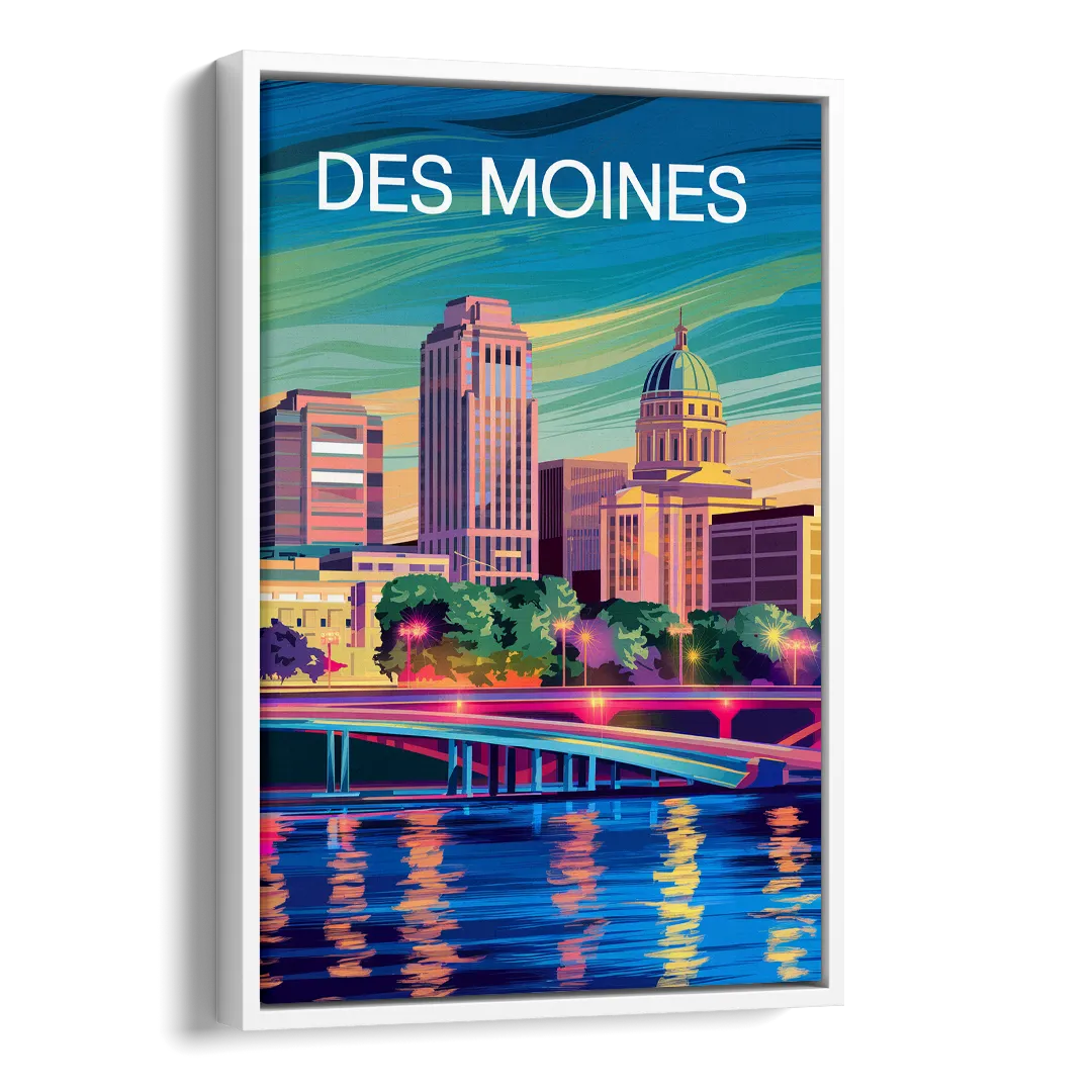 Des Moines Vibrant Cityscape Side - White Canvas Wall Art