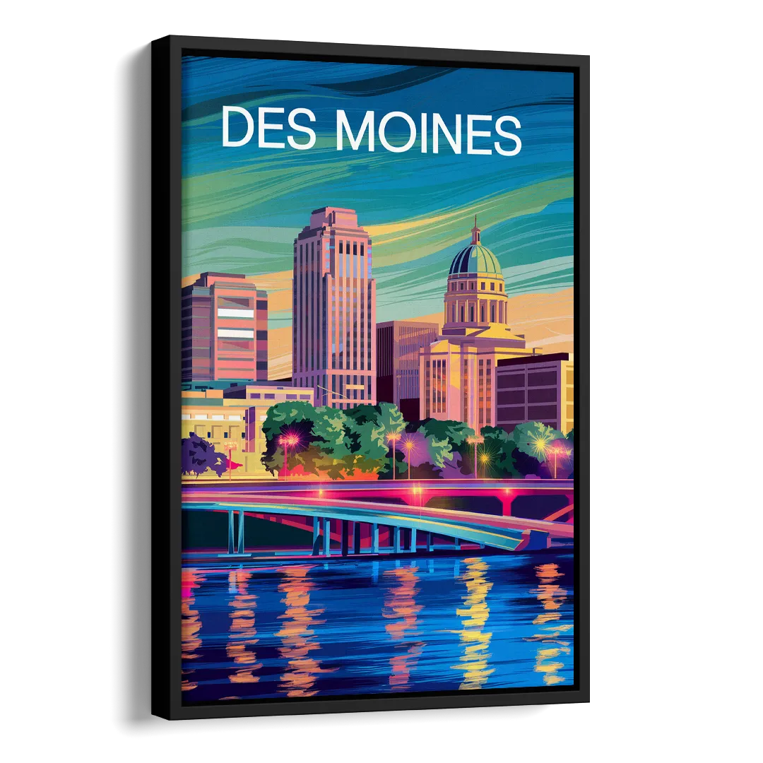 Des Moines Vibrant Cityscape Side - Black Canvas Wall Art