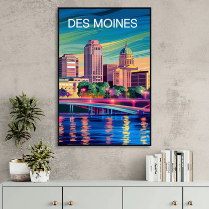 Des Moines Vibrant Cityscape Sitting Room - Black Canvas Wall Art