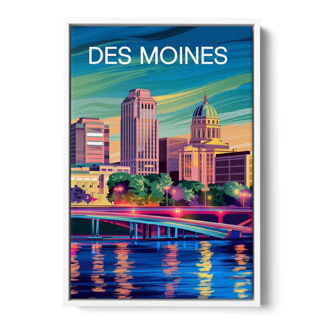 Des Moines Vibrant Cityscape Front - White Canvas Wall Art