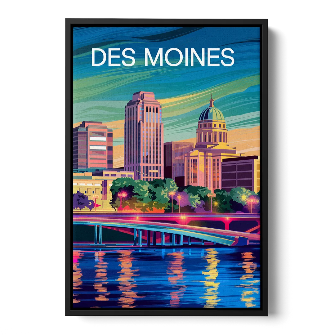 Des Moines Vibrant Cityscape Front - Black Canvas Wall Art