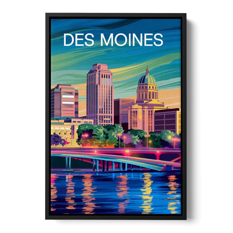 Des Moines Vibrant Cityscape Front - Black Canvas Wall Art