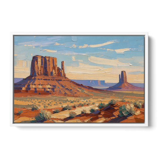 Desert Landscape Painting of Layered Mesas - White Framed Canvas Wall Art - Front