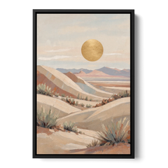 Boho Desert Mountain Ridges Under a Gold Sun - Black Framed Canvas Wall Art - Front