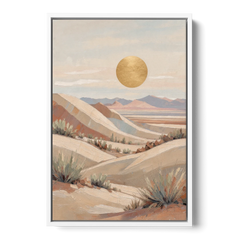 Boho Desert Mountain Ridges Under a Gold Sun - White Framed Canvas Wall Art - Front