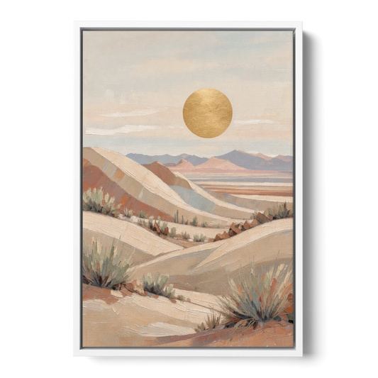 Boho Desert Mountain Ridges Under a Gold Sun - White Framed Canvas Wall Art - Front
