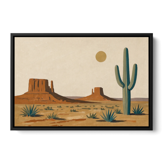 Desert Wall Art with Two Mesas and a Saguaro - Black Framed Canvas Wall Art - Front