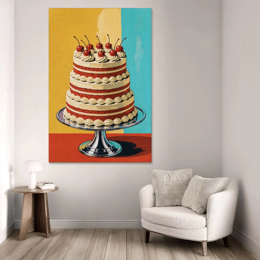 Dessert Wall Art of a Cherry Crowned Layer Cake - Canvas Wall Art - Sofa - 40x60