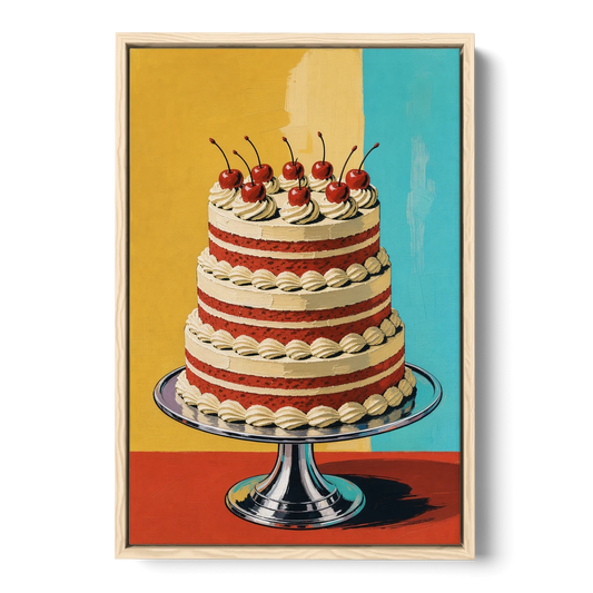 Dessert Wall Art of a Cherry Crowned Layer Cake - Oak Framed Canvas Wall Art - Front