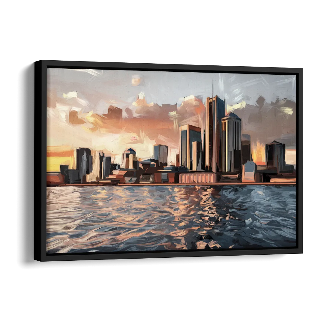 Detroit Cityscape Photography Side - Black Canvas Wall Art