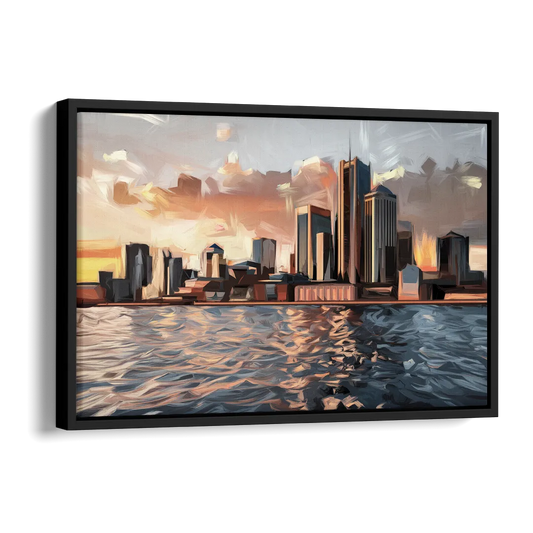 Detroit Cityscape Photography Side - Black Canvas Wall Art