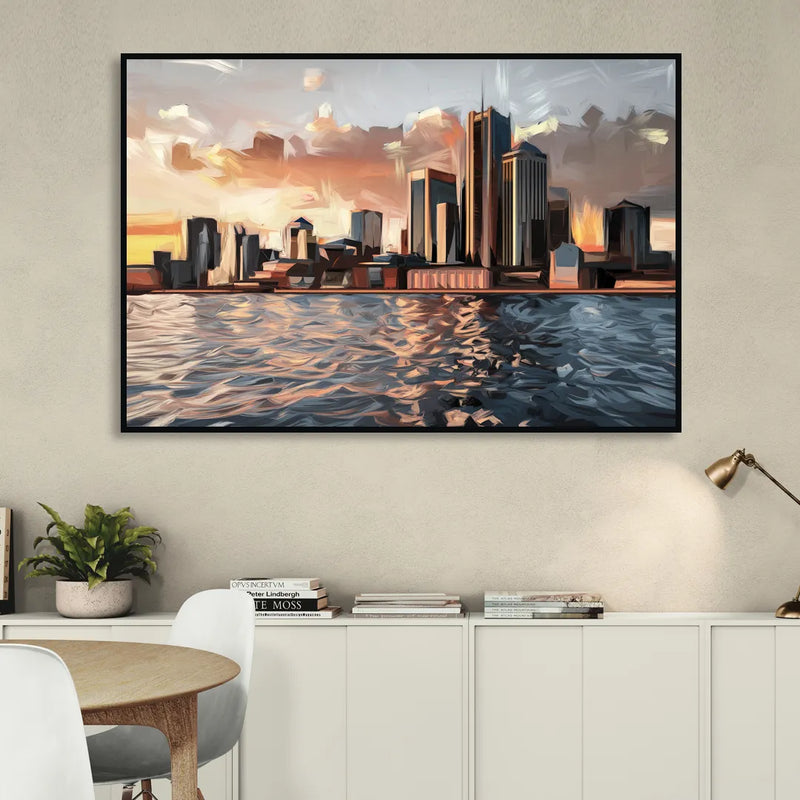 Detroit Cityscape Photography Sitting Room - Black Canvas Wall Art