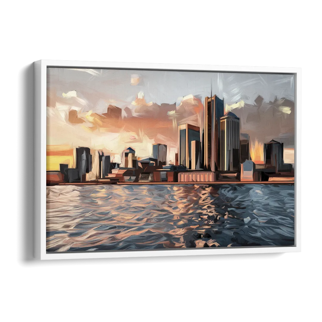 Detroit Cityscape Photography Side - White Canvas Wall Art