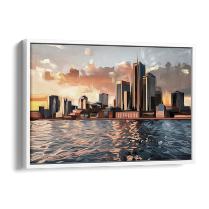Detroit Cityscape Photography Side - White Canvas Wall Art