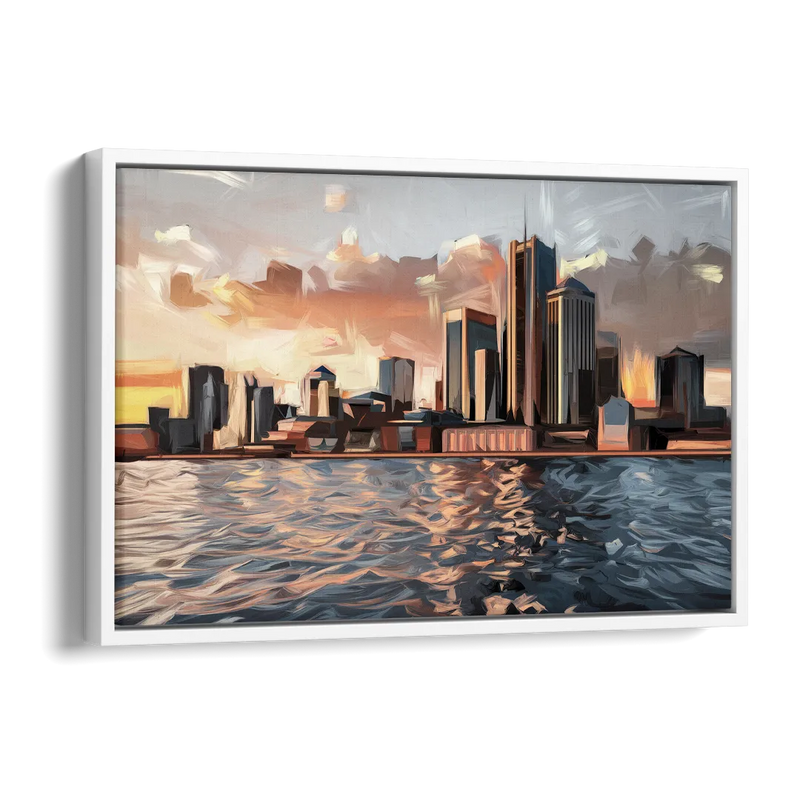 Detroit Cityscape Photography Side - White Canvas Wall Art