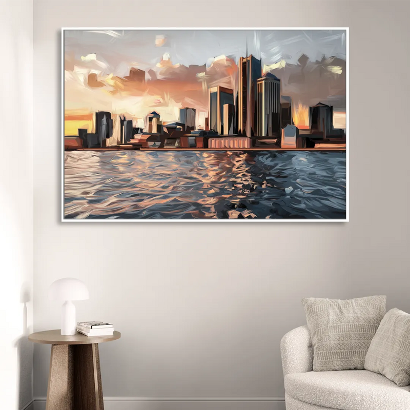 Detroit Cityscape Photography Sitting Room - White Canvas Wall Art