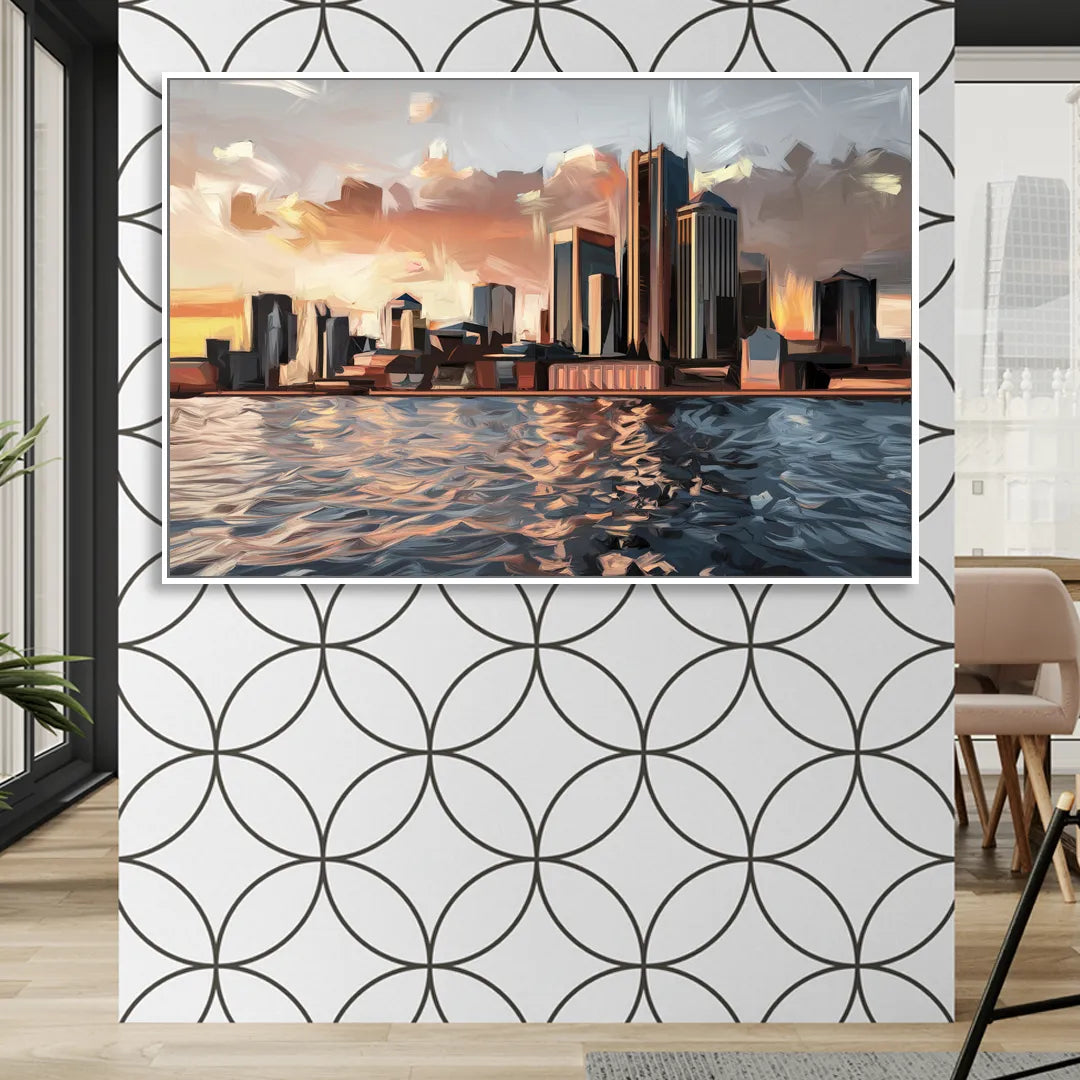 Detroit Cityscape Photography Living Room - White Canvas Wall Art
