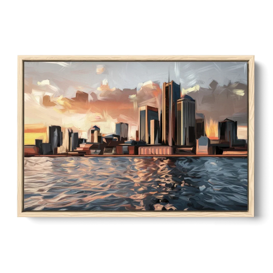 Detroit Cityscape Photography - Oak Framed Canvas Wall Art - Front