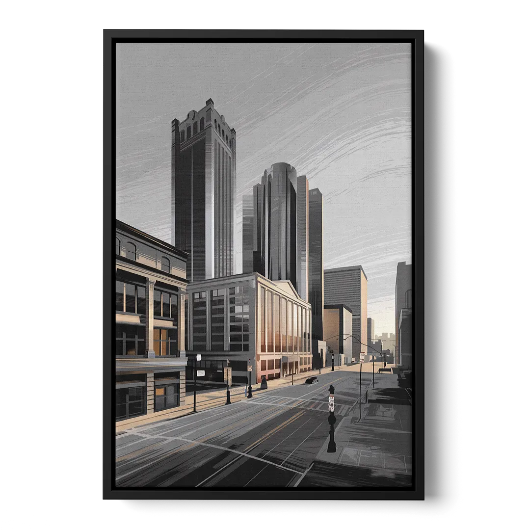 Detroit Downtown Streets Front - Black Canvas Wall Art
