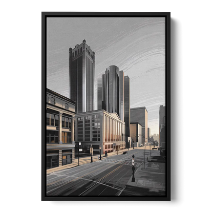 Detroit Downtown Streets Front - Black Canvas Wall Art